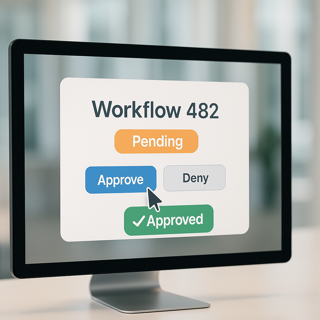 Dashboard showing a request moving from pending to approved in one click